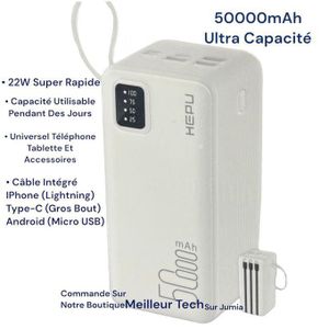 PREMIUM Hepu Power Bank 50000mAh Ultra Capacité 22W HP-244 Blanc - Charge Super Rapide - Pour IPhone Samsung Xiaomi Huawei Tecno Etc