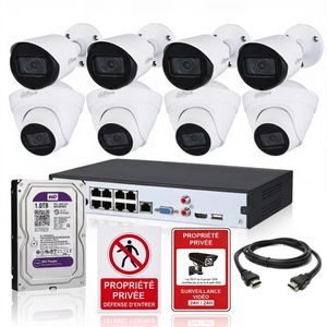 Dahua Kit Vidéosurveillance IP NVR Complet - 8 Caméras IP Mixte PoE Infrarouge 2Mp (4 Dômes + 4 Tubes) + Disque Dur 1TB + 2 Panneaux de Sécurité Offerts  + Cable HDMI - Système Réseau Haute Définition Prêt à l'Emploi