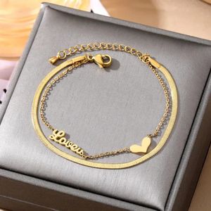 Bracelet à Double Rang Femme en Acier Inoxydable Doré – Motif Cœur & Love Élégant.
