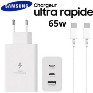 Samsung Chargeur Secteur Ultra Rapide BLANC 3 Ports 65w Avec Câble Type C Blanc