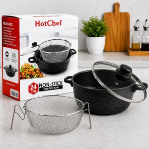 HotChef Marmite Friteuse 24 cm avec Panier de Friture et Couvercle en Verre – Revêtement Antiadhésif, Casserole Multifonction pour Frites, Poulet, Poisson et Beignets
