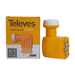 Convertisseur LNB quad, 4 sorties universelles, chacune d'elles distribuant les quatres polarités (Hh, Hb, Vh, Vb).