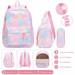 Ensemble Sac à Dos Scolaire 3 Pièces - Motif Arc-en-ciel et Papillons