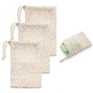 ShebSheb Lot de 3 pochons porte‑savon exfoliants en sisal naturel – filet avec cordon, étui à savon pour bain, douche et soins corporels