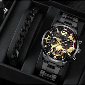 Fashion Ella Montre à quartz pour homme + Bracelet pour homme - Noir