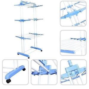 Séchoir à Linge Pliable 3 Niveaux Réglable Grande Capacité Avec Roues - Bleu