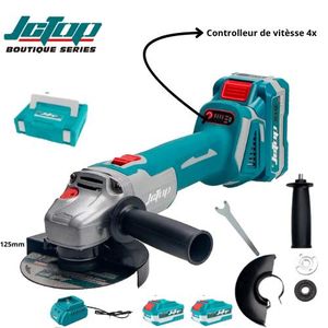 Meuleuse d'Angle Sans Fil JCTop 21V – Disque 125mm avec Moteur Brushless Puissant – Régulateur Électronique 4 Vitesses – Kit Complet avec 2 Batteries Lithium, Chargeur Rapide et Mallette de Transport