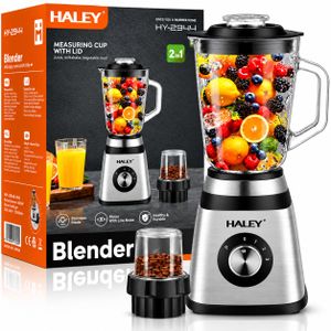 HALEY Blender Multifonction 2-en-1 avec Moulin Broyeur, Mixeur pour Fruits et Légumes, 3 Vitesses + Fonction Pulse, Lames Inoxydables
