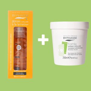 Byphasse Sérum Capillaire pour Cheveux Secs, Ternes et Abimés anti-frisottis avec filtre UV 50ml et masque nourrissant 50ml
