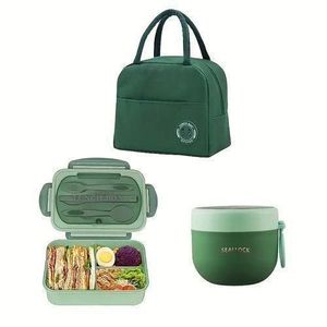 Ensemble de boîte à déjeuner 3 pièces avec couverts, sac isotherme, et tasse à petit déjeuner, vert