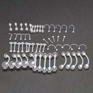 Kit de 55 pièces en acrylique transparent pour piercings (barbell, sourcils, lèvres, langue, nez, boucles d'oreilles) - Bijoux de piercing transparents en forme de L