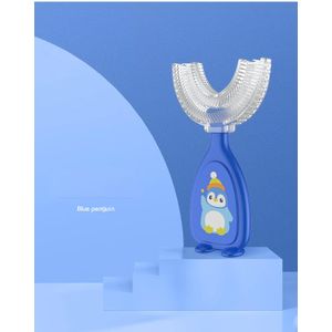 Kids U-Shaped Toothbrush, Manual Silicone 360° Oral Cleaning Toothbrush for Toddlers, Soft Bristles Blue Penguin Design for 1-6 Years Old