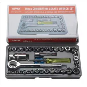 AIWA Coffret de Clés à Douille et Cliquets 40 Pièces – Kit d’Outils Professionnel Métrique et S.A.E pour Auto et Moto