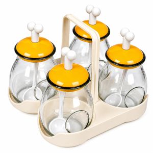 Set de 4 Pots à Épices en Verre 300 ml avec Couvercles, Cuillères et Support avec Poignée – Boîtes de Rangement pour Sel, Sucre, Épices et Condiments – Organisateur de Cuisine