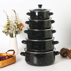 Ensemble de cuisine en émail de cinq pièces avec couvercle en verre pour plaques à gaz, 16cm, 18cm, 20cm, 22cm et 24cm - Noir
