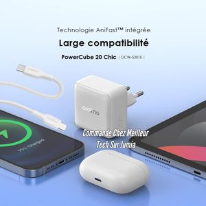 Oraimo Chargeur Rapide 20W PowerCube 20 Chic Puce GaN - Cable Type-C Blanc - Protection Professionnel Contre la Chaleur