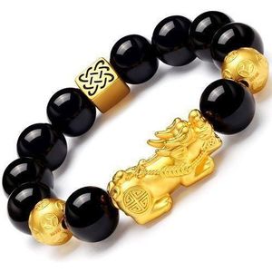 Bracelet En Obsidienne Noire Feng Shui Pour Homme - Doré