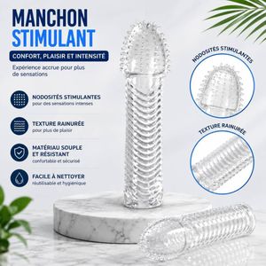 Manchon Stimulant Réutilisable en Silicone Souple – Transparent – Texture Rainurée et Picots
