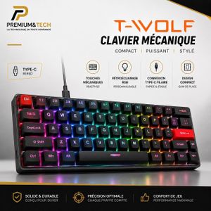 Clavier Gamer mécanique T-Wolf avec interrupteurs tactiles bleus, 61 touches, rétroéclairage RVB, câble Type-C détachable