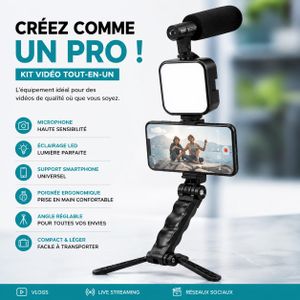 Article Kit Vidéo Professionnel Tout-en-Un – Microphone + Éclairage LED + Support Smartphone