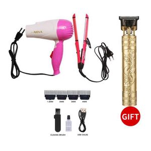 3-en-1 Étaler et redresser les cheveux avec sèche-cheveux manuel - Rose + Sèche-cheveux professionnel gratuit + Machine électrique de coupe de cheveux USB + Clips à cheveux rechargeables