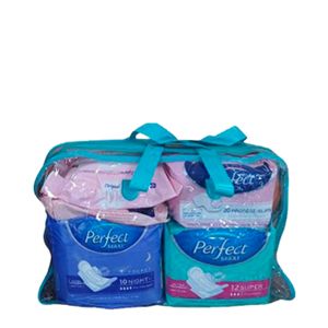 Perfect Trousse pour femme : 02 serviettes perfect ( 1 nuit et 1 jour) + 01 lot de lingette Démaquillante + 01 lot de lingettes intimes+ 01 lot de 80 disques de coton