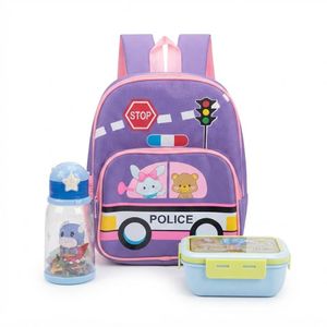 Sac à Dos Police + Boîte à Lunch + Gourde avec Lanière - Kit de Rentrée Scolaire 3 en 1 - Enfant moins de 8 ans