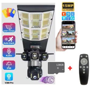 CAMÉRA SOLAIRE(AI) LAMPADAIRE TRIPLE VISION, 15 MP,1200W/100000Lithium,4G sim +128GB, TRIPLE OBJECTIFS, TRIPLES ÉCRANS DE SURVEILLANCE, IP66, DETECTION DE MOUVEMENT avec AI, TÉLÉCOMMANDÉE PTZ  2 en 1 