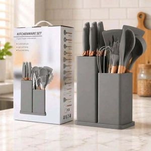 Kit de Cuisine Complet : 19 Ustensiles en Silicone Rose et Couteaux Professionnels