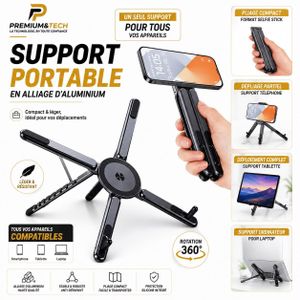 Support Universel Multi-Usage 4-en-1 Pliable et Rotatif 360° - Trépied Smartphone, Support PC Portable et Tablette - Métal Premium