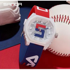 Sanda Montre Homme Quartz Sport – Design Tricolore Blanc/Rouge/Bleu – Bracelet Silicone