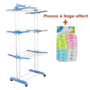 Séchoir à Linge Pliable 3 Niveaux Réglables Avec Roues + Pinces à Linge Offert - Bleu