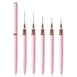 ShebSheb Ensemble de 5 pinceaux traceurs pour nail art, manche en métal rose, pinceaux de dessin pour lignes fines et designs au gel, brosses de précision 7/9/11/15/25 mm