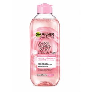 Garnier  SkinActive Solution Micellaire Tout-en-1 à l'Eau de Rose 400ml – Démaquillant, Nettoyant et Illuminateur pour Peaux Sensibles