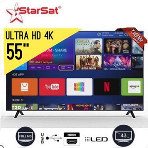 Starsat SMART TV LED 55"  Framless Smart Tv 4K Ultra HD  - Wifi- android 14 dernière version - Bluetooth- Mira cast - slim tv  HD-USB-HDMI-VGA - garantie 12 mois