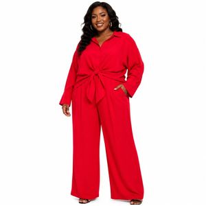 Ensemble Chemise à Nœud & Pantalon Orange Élégant - Orange