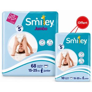 Smiley Couches Bébé Jumbo Taille 5 Smiley 68 Couches (15 -25 Kg) + Mini Paquet De Couches Bébé Taille 5 - 10 Couches (15 - 25 Kg) offert