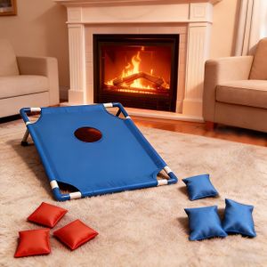 Jeu de cornhole portable (rouge et bleu) comprenant 6 sacs de lancer et un sac de rangement. Idéal pour les activités de plein air, les sorties en famille et l'entraînement au lancer.