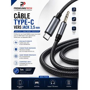 Câble Audio Type-C vers Jack 3,5 mm - Câble Auxiliaire Hi-Fi Nylon Tressé Pour Smartphone USB-C, Autoradio, Casque et Enceinte - 1M