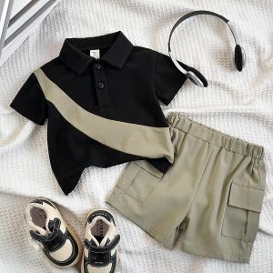 Catpapa Vêtements pour garçons colorés par blocs 0-2 ans, chemise + short cargo, vêtements de sport extérieur, adaptés aux fêtes et réunions sociales, parfaits pour les sports de plein air, frais, durables et faciles à nettoyer