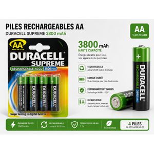Duracell Piles Rechargeables Supreme AA HR6 – 3800 mAh – Lot de 4