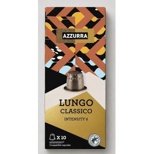 Nouveau pack, 10 capsules aluminium de café AZZURA, Lungo Classico, intensity 6, . Compatible machine Nespresso. Café  arabica torréfié et moulu en capsule.
