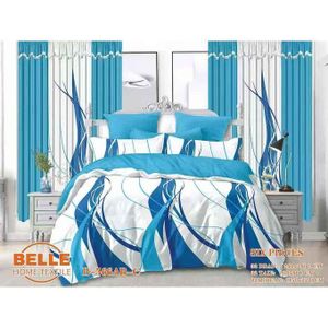 KIT de lit 6 pièces B-566AB-C motif lignes fluides abstraites bleu, 2 draps 240×260cm + 2 taies 60×80cm + 2 rideaux 150×220cm, tissu microfibre décoration chambre complète HG