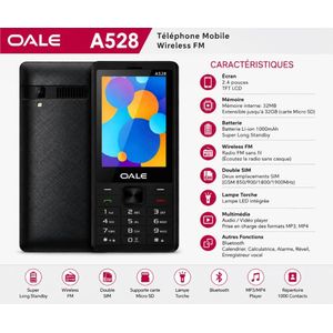 Oale Téléphone Portable A528 – Double SIM & Batterie Longue Durée