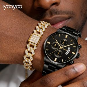 iyooyoo Ensemble 2 pièces montre pour homme et bracelet chaîne cubaine – cadran noir avec aiguilles dorées, chaîne dorée sertie de strass, cadeau classique et élégant pour homme