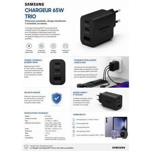 chargeur Samsung Boitier De Charge Rapide Original 2 Ports USB-C, Port USB-A- 65w,25w,15w Noir Sans Câble-NOIR