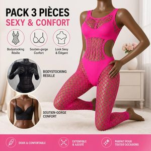 Autre Pack 3 Pièces Sexy & Confort : Bodystocking Résille + Soutien-gorge – Élégance et Style