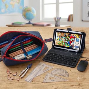 TAblette éducative pour enfant 128gb fille et garçon avec une souris et un clavier offert en plus d’une trousse contenant des stylos crayon et un ensemble géométrique 