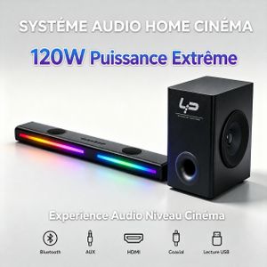 LP Barre de son haute puissance de 120 W avec caisson de basses et éclairage Aura - 2.1 CH - Système d'enceintes Bluetooth pour la maison compatible AUX, COAX, HDMI, USB - XY8J, noir