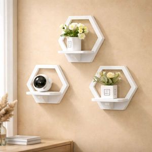 Lot de 3 étagères murales décoratives pour chambre, salle de séjour, bureau à la maison (Blanc, Hexagone)
